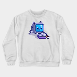 Cute Cat Computer With Mouse Cartoon Crewneck Sweatshirt